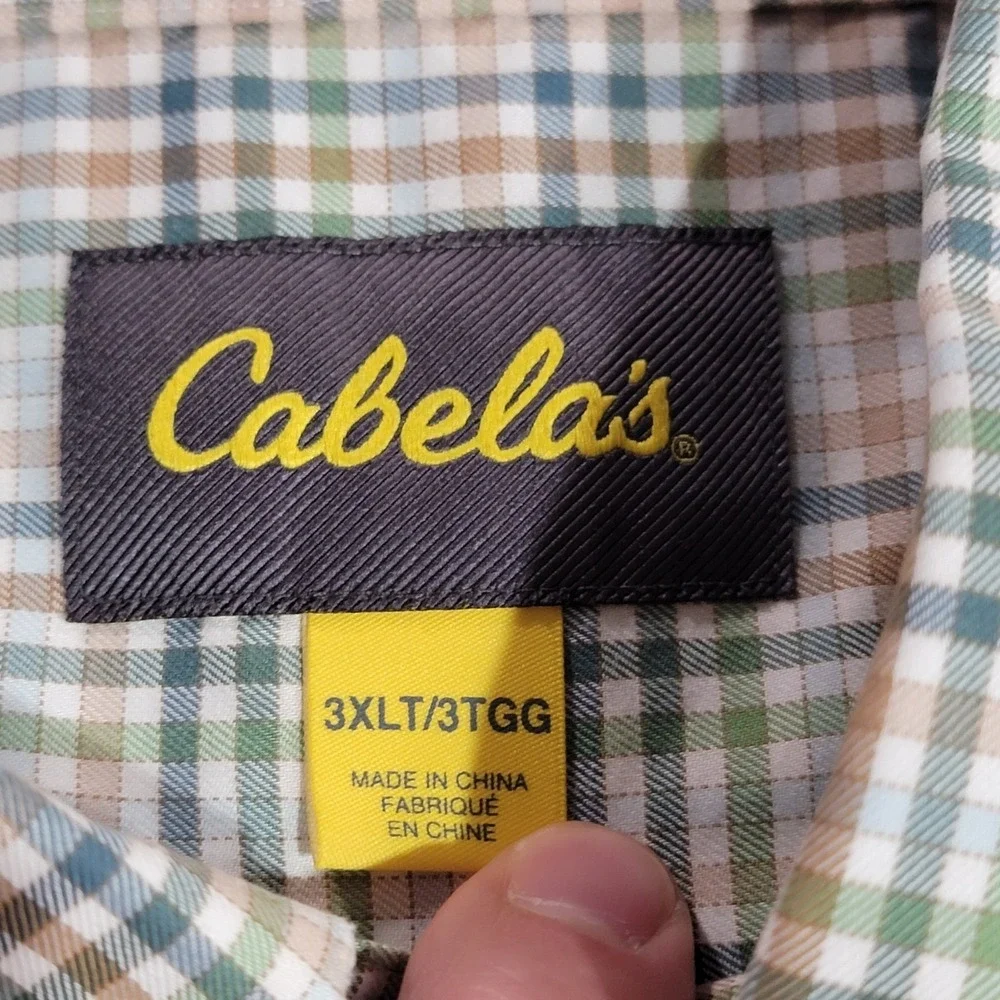 Cabelas Shirt Men 3XLT Tall Green Plaid Colorful Wrinkle Free Long Sleeve Pocket